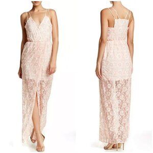 NWT BCBGeneration Long Lace Overlay Faux Wrap Surplice Maxi Dress Pink Sz S